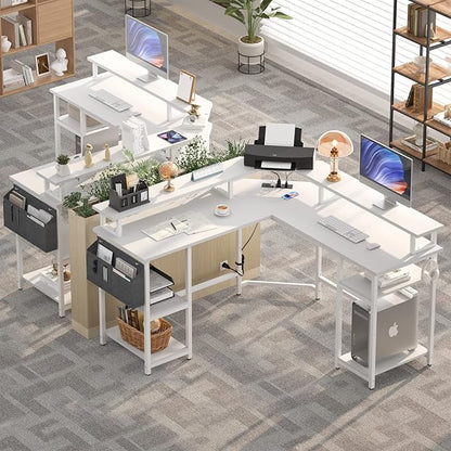 Aheaplus L Shaped Gaming Desk with Power Outlets & LED Lights, Computer Corner Desk with Monitor Stand and Storage Shelf, Home Office Writing Desk with Storage Bag, White