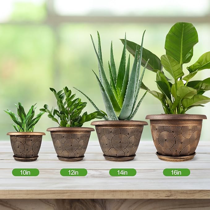 12 Inch Large Planter Pot for Plants Indoor Outdoor, 4 Pack Plastic Flower Pots with Drainage Hole & Tray, Modern Decorative Garden Pot with Saucer, Plant Container for House