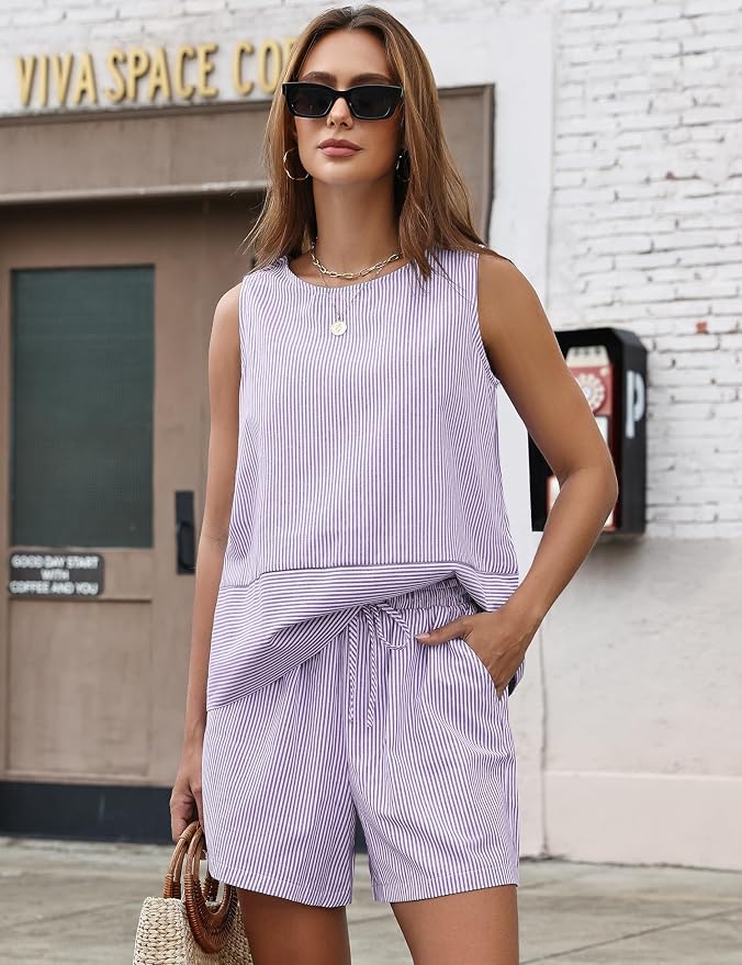 LOMON Women's Trendy 2 Piece Outfits Shorts Sets Summer Crew Neck Sleeveless Tank Top and Bottom Matching with Pockets 2026