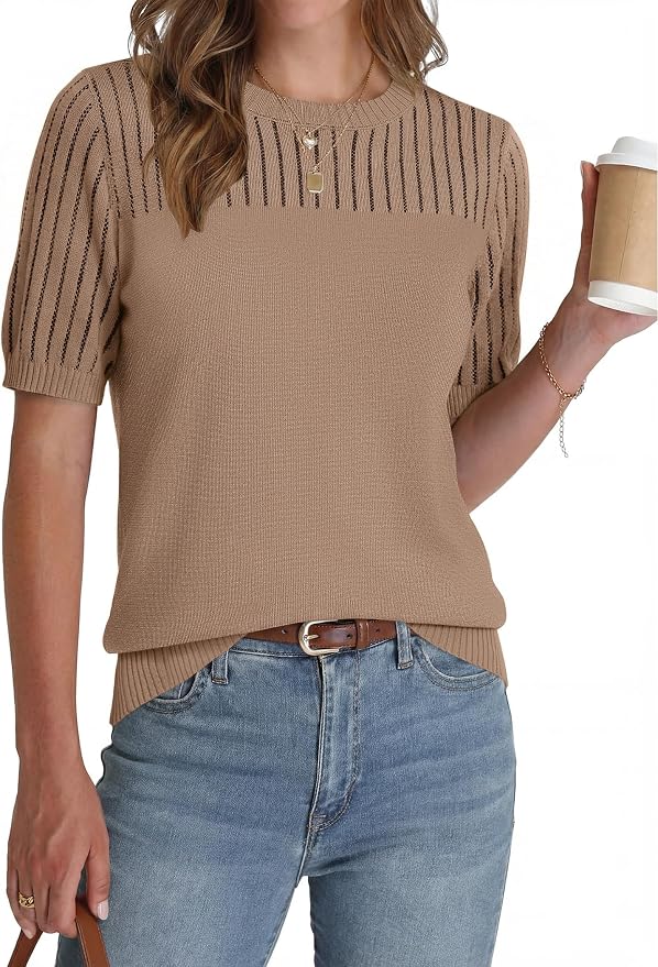 Zeagoo Women's Short Sleeve Sweater Tops 2026 Spring Summer Crew Neck Hollow Out Blouses Dressy Business Casual Outfits