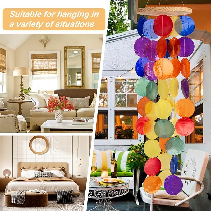 Wind Chimes for Outside - Handcrafted Rainbow Capiz Shells Windchime Coastal Style Decor for Indoor/Outdoors, Garden Decor, Great Gift for Women, Wind Chimes Lovers and More