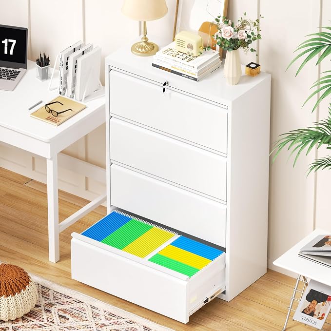 Crownland Lateral File Cabinet with 4 Drawers, 28" W Metal Lockable Office File Cabinets for Home Office- Stores Letter/Legal/A4/F4 Files(White)
