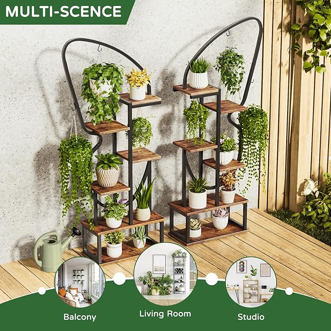 6 Tier Plant Stand Indoor Butterfly-Shaped, Tall Metal Plant Stand with 6 Plant Hooks & 12 Boards, Large Ladder Plant Shelf with Adjustable Feet for Living Room, Balcony, Garden, Art Studio (2 Pack)
