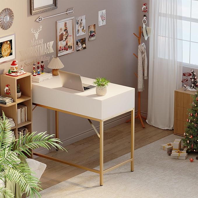 SUPERJARE 35.4" White and Gold Desk with 2 Drawers, Modern Makeup Vanity Desk, Small Computer Desk Home Office Desk for Writing Study Bedroom