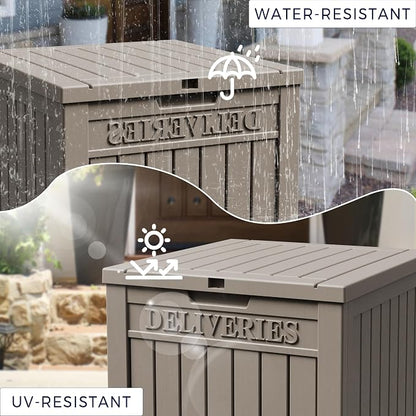 50-Gallon Package Delivery Box for Outside - Resin Storage with Sign & Lockable Secure, Waterproof Package Drop Box with Pre-Installation Hole for Curbside, Porch, Khaki