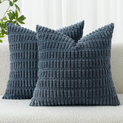 MIULEE Pack of 2 Corduroy Decorative Euro Sham Throw Pillow Covers 24x24 Inch Soft Boho Striped Pillow Covers Modern Farmhouse Home Decor for Summer Coastal Sofa Living Room Couch Bed Blue