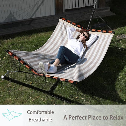 TegerDeger 12FT 2 Person Hammock Large Hammock Quick Dry 450LB Capacity with V Shaped Hardwood Spreader Bar & Nylon Rope for Outside, Patio, Garden, Backyard, Beach, Poolside - Beige Stripes