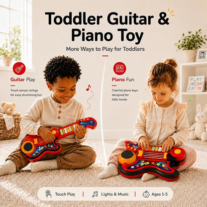 Toddler Guitar Toy for Boys & Girls 1-3, 4-in-1 Touch & Play Kids Guitar Piano Musical Toy with Projector Light, Drum, Lullabies & Volume Control, First Guitar Birthday Gift for Kids & Babies Ages 1-5