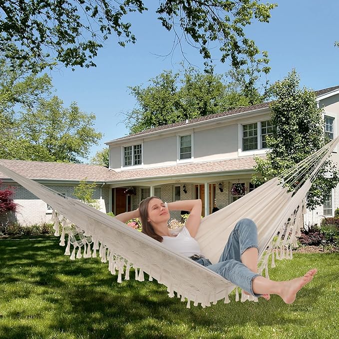 Hammock Hanging Swing Double Max 500lbs Macrame for Indoor Outdoor Patio Yard Garden (Beige)