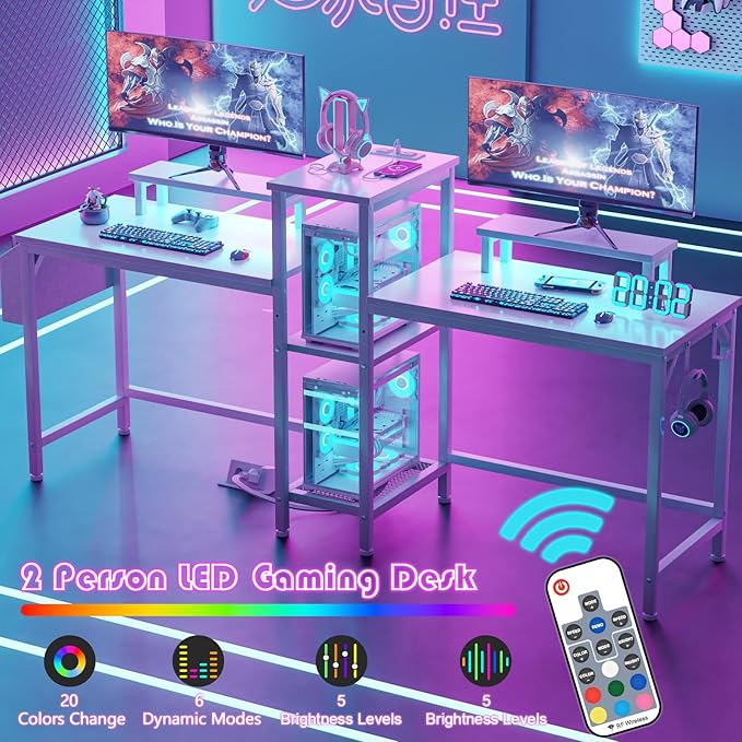 Furologee 2 Person Gaming Desk with LED Lights, 71 Inch Computer Desk with Power Outlets and Monitor Stand, Double Desk with Storage Bag and Headphone Hooks, Study Writing Table for Home Office, White