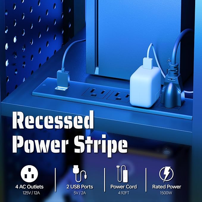 Pamray Small Gaming Desk Rolling Computer Table Balck | Movable, with Led Lights Power Outlets, with Storage Pegboard and Hook, Sturdy, Suitable for Study Gaming Bedroom Dorm