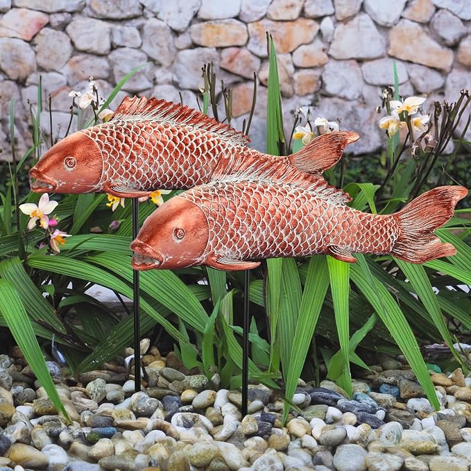 Garden Statues Koi Fish Decor Outdoor Garden Fish Statues, Set of 2 Antique Copper Koi Art Sculptures for Patio, Backyard, Pond and Home Decor, Best Gardening Gifts for Women Mom