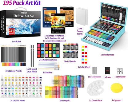 iBayam Art Set for Kids Teens Girls Boys Adult, 195-Pack Deluxe Artist Gift Box with 3 PCS Drawing Pads, A4 Canvases, Arts and Crafts Kits, Painting, Drawing & Art Supplies with 24 Color Acrylic Paint