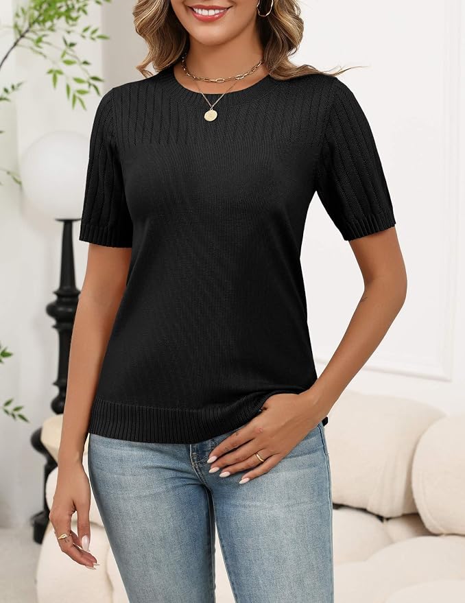Zeagoo Women's Short Sleeve Sweater Tops 2026 Spring Summer Crew Neck Hollow Out Blouses Dressy Business Casual Outfits