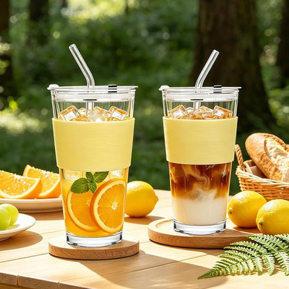 Birity 16oz Glass Cups with Lids and Straws,Glass tumbler With Straw and Lid-Reusable Iced Coffee Cups for Tea, Juice, Smoothies, Mason Jar Drinking Cup for Hot/Cold Drinks at Home,Office,Travel