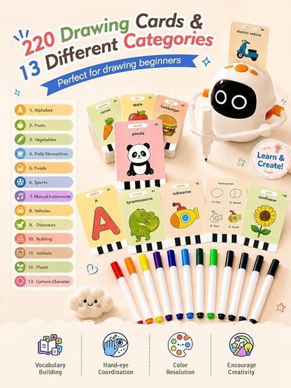Drawing Robot Toys for Kids, 220 Flash Cards Gift for 3-8 Years Old Boys Girls, Montessori Doodle Art Painting with Voice Interactive for Beginners, Birthday (White)