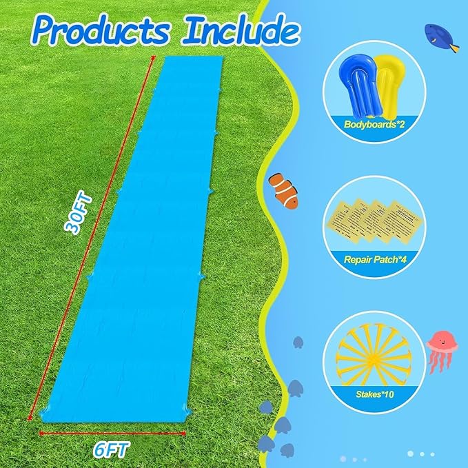 Slip Water Slide, 30FT Extra Long Heavy Duty Slip Lawn Water Slide for Kids Adults with 2 Bodyboards, Slip Water Slides for Kids Backyard Garden Summer Outdoor Water Toys Party Play
