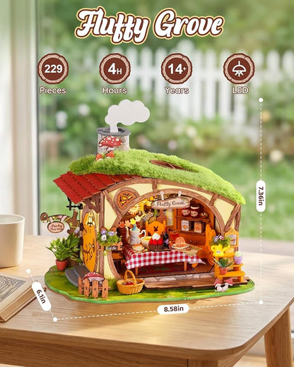 Rolife DIY Miniature Dollhouse Kit Fluffy Grove, Stress Relieving Fantasy Forest Mini House Building Kit with LED, Cozy Fairy Cottage Wooden Dollhouse Craft for Adults Teens, Bookshelf Home Decor Gift