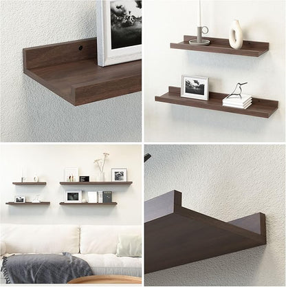 RICHER HOUSE 5-Set Floating Shelves with Lip, Walnut Wall Mounted Shelf | Display Picture Ledge Shelf, Anti-drop lip Shelf for Room Wall Decor, Bedroom Bathroom Storage Nursery Books, Easy Setup 16in