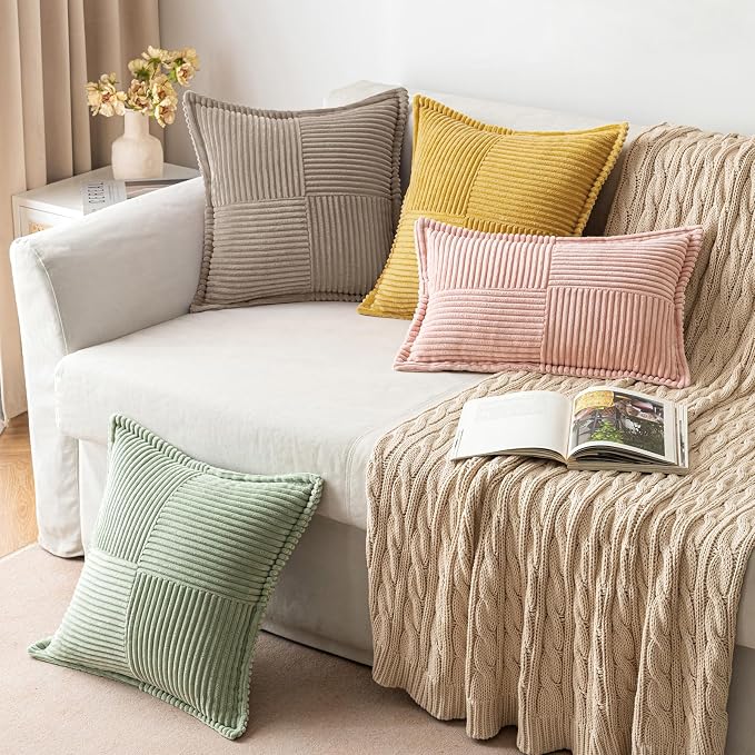 MIULEE Decorative Throw Pillow Covers for Couch Bed Livingroom 18x18 Inch Set of 2 Light Brown Boho Accent Throw Pllows Broadside Striped Patchwork Soft Corduroy Pillowcases