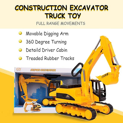 Liberty Imports 15" Oversized Construction Truck Toys for Kids – 1:22 Scale Friction Powered Vehicles with Realistic Moving Parts (Excavator)
