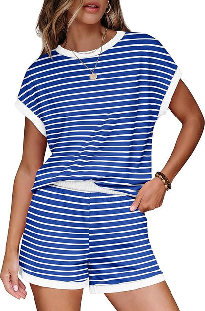 WIHOLL Two Piece Sets for Women Summer Lounge Short Sets Cap Sleeve Crew Neck Sweatsuit with Pocket XS-2XL