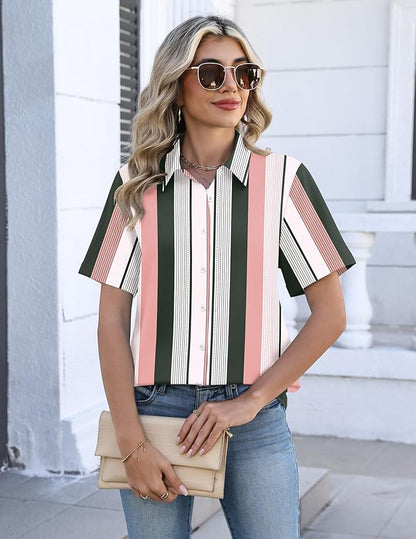 Zeagoo Button Down Shirts for Women Short Sleeve Collared Tops Dressy Casual V Neck Blouses