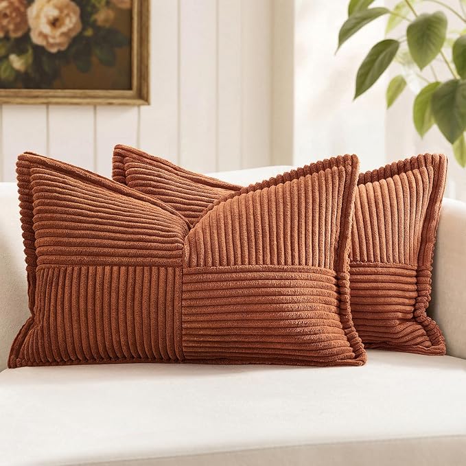 MIULEE Fall Dark Rust Decorative Lumbar Throw Pillow Covers for Couch Bed Livingroom 12x20 Inch Set of 2 Boho Accent Throw Pllows Broadside Striped Patchwork Soft Corduroy Pillowcases, Terracotta