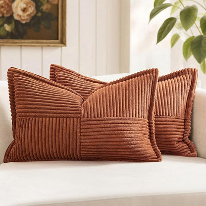 MIULEE Fall Dark Rust Decorative Lumbar Throw Pillow Covers for Couch Bed Livingroom 12x20 Inch Set of 2 Boho Accent Throw Pllows Broadside Striped Patchwork Soft Corduroy Pillowcases, Terracotta
