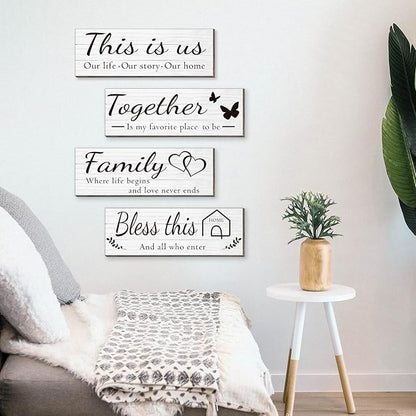 4 Pieces Wooden Home Wall Art Decor, Rustic, Farmhouse THIS IS US/TOGETHER/BLESS THIS HOME/FAMILY Decor Signs For Living Room Bedroom, 4.7 x 13.8 Inch(White)