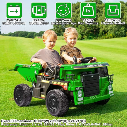 NEWQIDA 24V Ride on Dump Truck, Kids Electric Car with Remote Control, Ride on Construction Vehicles w/Electric Dump Bed, Shovel, 2x75W Powerful Motors, Up to 4.4Mph, EVA Tires, Soft Start, Green