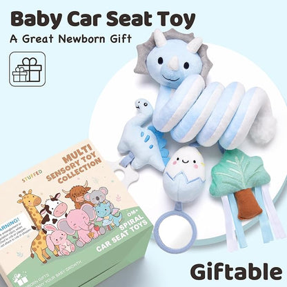 Stuffed Dinosaur Spiral Car Seat Toys Hanging for Babies 0-3 3-6 6-12 Months, Plush Infant Stroller Toy with Silicone Teether, Crinkle and Squeaker, Soft Cute Shower Gifts for Newborn Boys Girls
