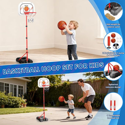 3-In-1 Kids Basketball Hoop and T Ball Set for Age 3-5 6-8, Adjustable Toddler Basketball Hoop, Hanging Tee Ball for Outdoor, Birthday Christmas Sport Toys Gift for Boys Girls 3 4 5 6 7 8 Year Olds