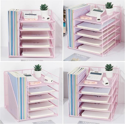 LEKETREE Desk Organizers and Accessories, 5-Tier Paper Letter Tray Organizer with File Holder, Desktop Organizer for Office Supplies (Pink)