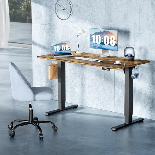 DUMOS 63 Inch Electric Standing Desk, Memory Adjustable Home Office Desk | Sit Stand Up Desk for Work Home Office,Adjustable Desk, Rising Computer Table with Splice Board,Cable Management,Hook,Brown