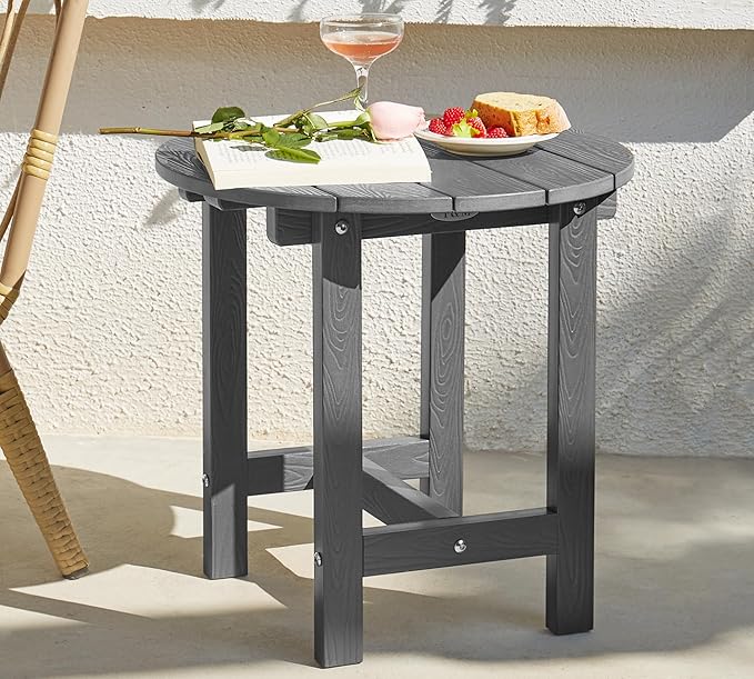 Y&M Outdoor Side Table, Waterproof Four-Legged Round Entryway End Table, Single-Tier HDPE Modern Small Coffee Nightstand for Bedroom, Living Room, Patio, Indoor or Outdoor Use, Dark Gray
