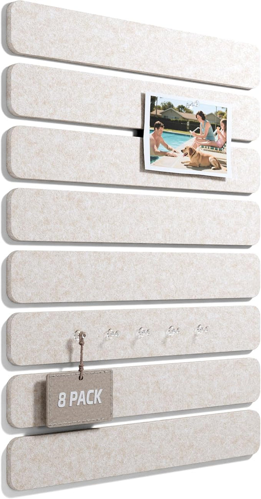 Fluxynara 13" x 2" Felt Wall Panels, Oatmeal | 8-Pack Includes 50 Push Pins and Adhesive Tabs for Photos, Notes and Decor in Bedroom Doors, Home Office or Studios