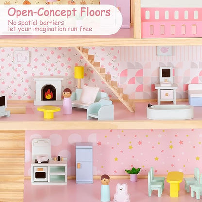 Pillowhale Wooden Dollhouse for Girls 3-Story Open Layout Playhouse with Furniture Accessories Pretend Play Role-Playing Toy Birthday Gift for Kids Ages 3+