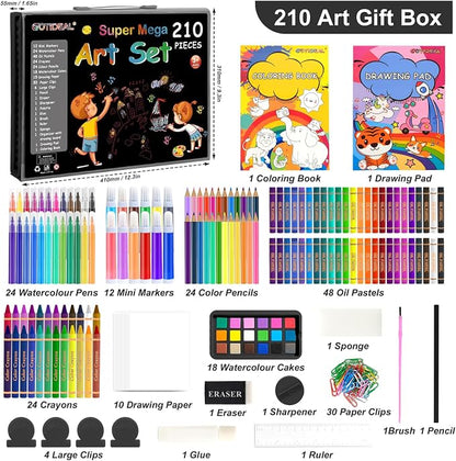 GOTIDEAL Kids Art Kit,Art Supplies for Kids,210 PCS Art Set with Double Sided Trifold Easel,Coloring Book, Crayons, Markers, Watercolor Pens, Arts & Crafts,Gift for 4-12 Year Old(Black)