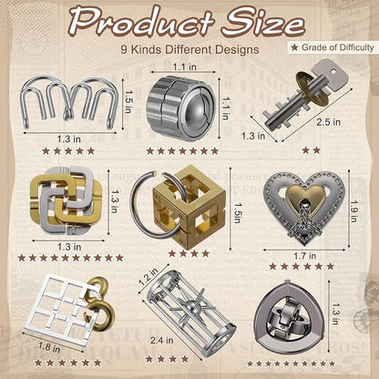 Wettarn 9 Pcs Metal Brain Teaser Puzzles 3D Steel Puzzle Set for Adults IQ Logic Challenge Disentanglement Unlock Interlocking Games Smart Logic Test Toys for Adults Mind Challenge(Novel Style)
