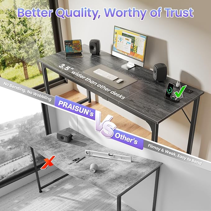 PRAISUN 63 X 24 Inch Computer Desk, Power Outlets, USB-C, Grey | Office Desk with 4 AC Outlets, USB & USB-C, Sturdy Metal Frame, Spacious Desktop for Work, Writing, Study & Gaming