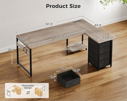 AODK 61" L Shaped Gaming Desk with 4 Drawers and Power Outlets, Grey | USB Ports, PC Tower Stand, Hooks, Reversible Corner Layout for Gaming Rooms, Bedrooms and Home Office