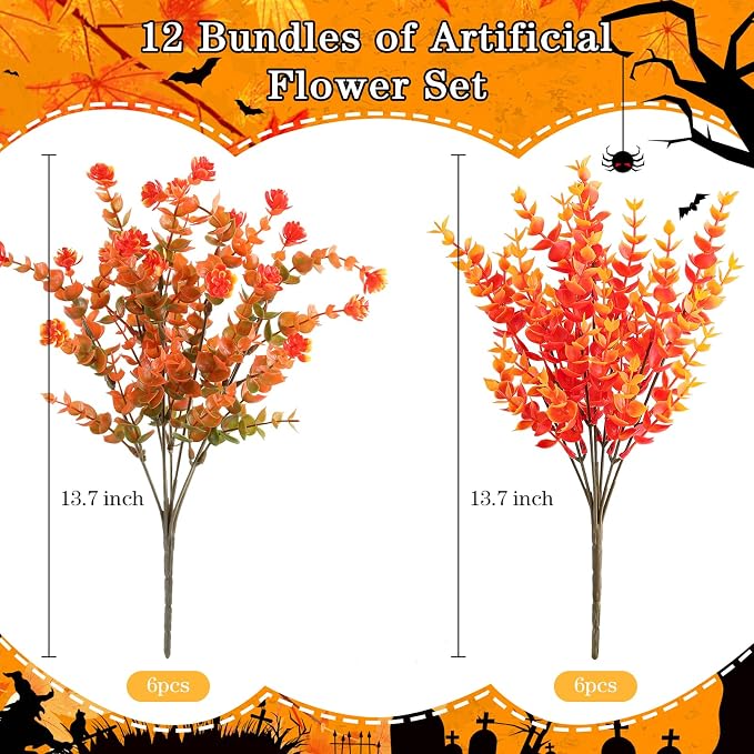 AGIRL 12 Bundles Artificial Fall Flowers Outdoor Indoor Decoration,No Fade Autumn Fake Plastic Plants with Eucalyptus Leaves,Faux Mums for Thanksgiving Garden Front Door Porch Patio Fall Decor