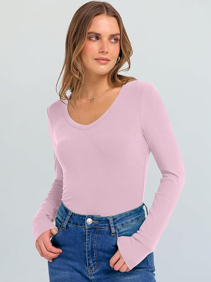 ANRABESS Long Sleeve V Neck Shirts for Women | Soft Comfy Ribbed Knit Fitted Tshirts, Casual Going Out Tops, 2026 Trendy Basic, Fall Winter Underscrub Layering Clothes