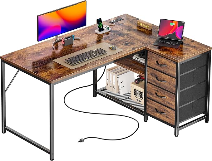 PRAISUN 43.3" Small Computer Desk with Power Outlets & USB-C Port, Reversible L Shaped Corner Office Desk with 4 Fabric Drawers and 2 Adjustable Storage Shelves, for Gaming Writing, Rustic Brown