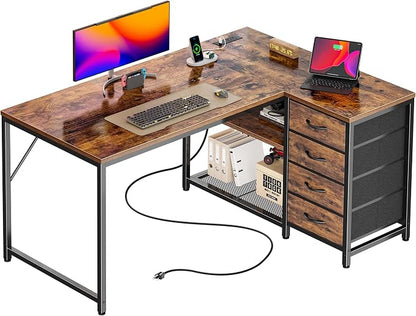 PRAISUN 43.3" Small Computer Desk with Power Outlets & USB-C Port, Reversible L Shaped Corner Office Desk with 4 Fabric Drawers and 2 Adjustable Storage Shelves, for Gaming Writing, Rustic Brown