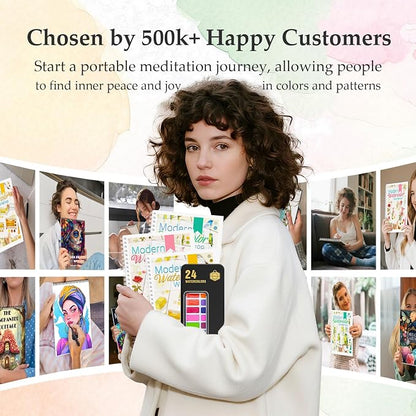 3Pcs Watercolor Workbook Paint Book Beginner Friendly Painting Kit, 36 Pages Workbooks with 24 Paint Colors & Brush for Beginners, Stress-Relieving Gift for Women Adults (Bird&Flower&Kitchen)