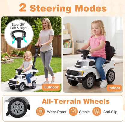 Costzon Ride On Push Car for Toddlers, 3-in-1 Ford Licensed Sliding Car w/Handle, Guardrail, Horn, Engine Sound, LED Lights, Under Seat Storage, Foot-to-Floor Kids Ride On Toys for Boys Girls (White)
