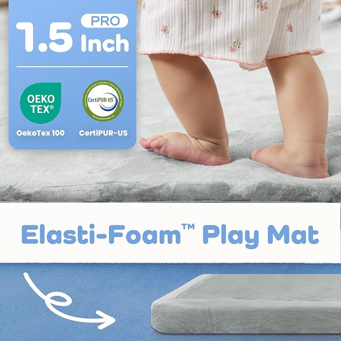 1.5" Thick Padded Baby Play Mat for Floor Tummy Time, Pro Soft Foam Activity Playroom Playmats, Easy Care with Non-Slip Safe for Infant Toddlers Crawling 79"x 158" (Light Grey)