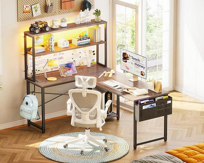 AODK L Shaped Desk Gaming Desk with LED Light & Power Outlet | 53 Inch Grey Oak Reversible L Shaped Computer Table with Shelf & Storage Bag & Hook for Home Office